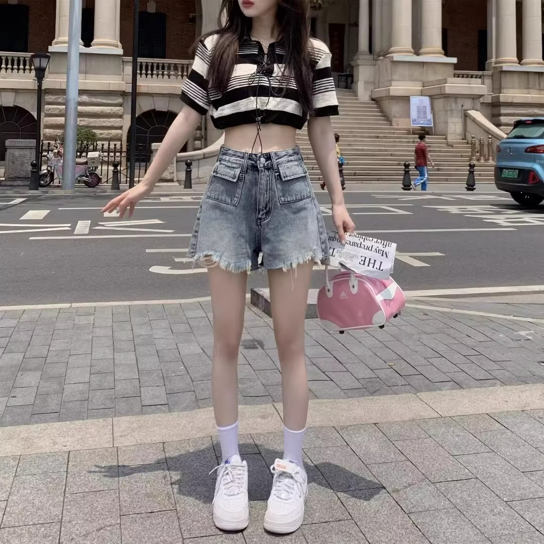 High waisted tassel fringed denim shorts women, 2024 summer collection, vintage style, sexy for hot girls, A-line wide leg pants