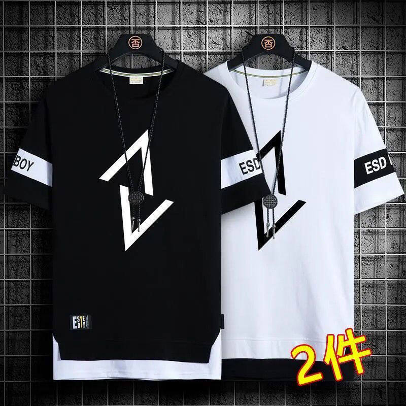 Summer printed short-sleeved t-shirt men's tide brand new loose fake two-piece five-point sleeve ins trend all-match half-sleeve top