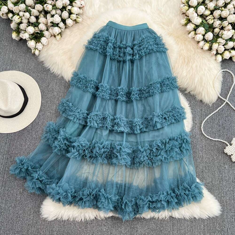 High Waisted Slimming Mesh with Elastic Band, Medium Length Over Knee, Irregular Wood Ear Edge, Super Fairy Cake Skirt for Women Sexy Temperament BOHO