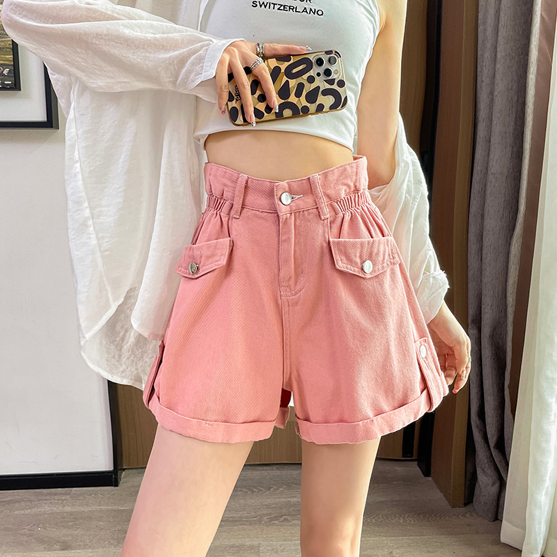 Pink denim shorts, women's hot pants, 2023 summer high waist slimming Korean design pants