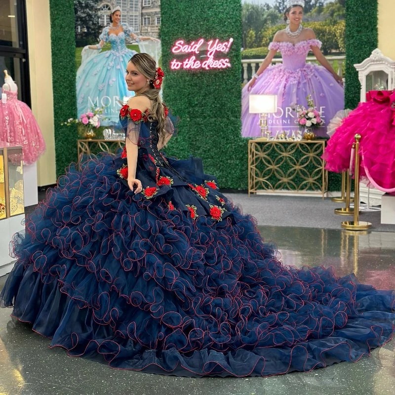 Navy Blue Womens Off the Shoulder Quinceanera Dress Applique Flower Tull Tiered Ball Gowns Sweep Train Vestido de 15 Anos Sweet