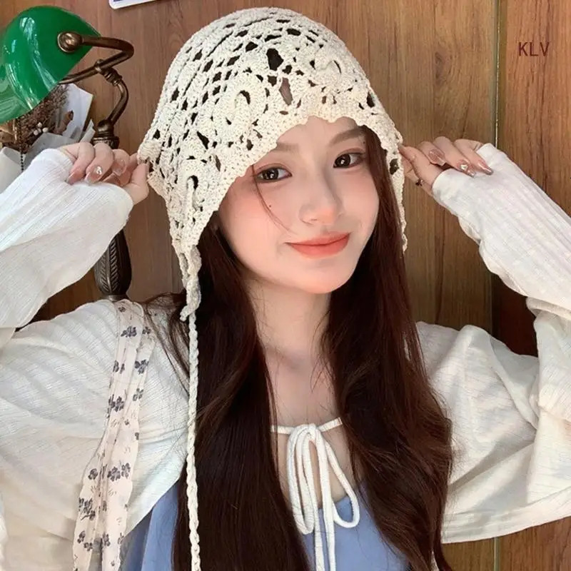 Elegant Handwoven Pullover Hat Breathable Hat Crochet Hollow Hat Holiday Crochet Hat Handwoven Tassels 240712