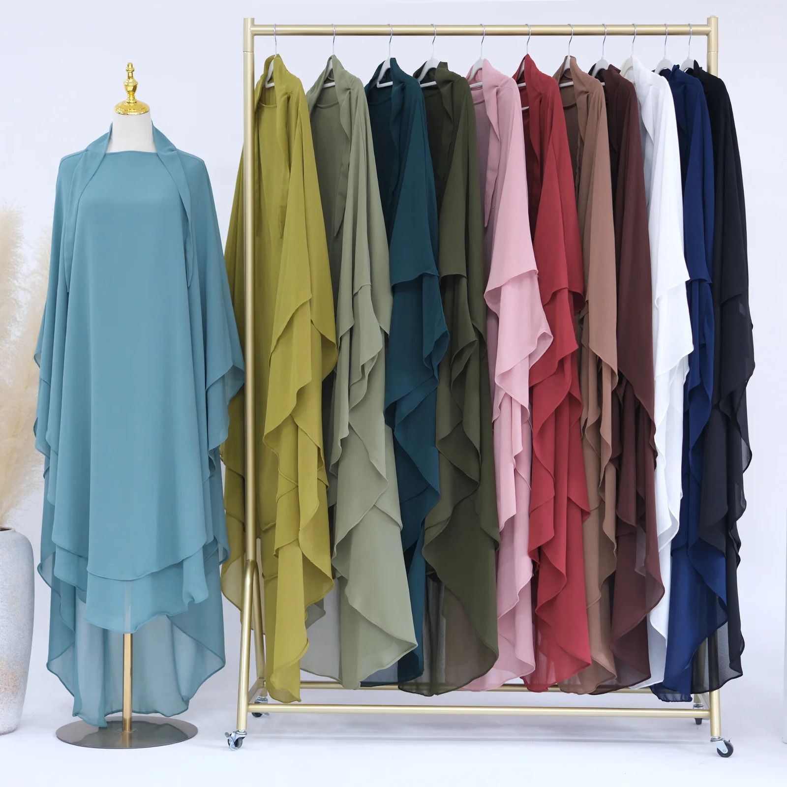 Long Khimar Chiffon 2-layer Muslim womens headscarf prayer for Eid al Fitr headscarf shawl long Djellaba Niqab Ramadan scarf 240710