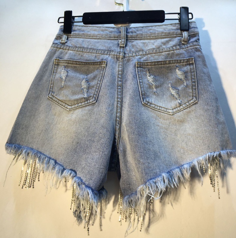 Summer Sexy Diamond Crystal Rhinestone 3XL High Waist Tassel Ripped Jean Denim For Shorts Women
