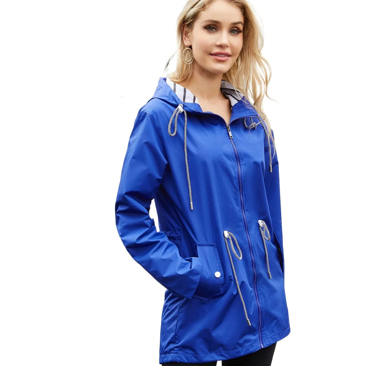 Womens Waterproof Raincoat Casual Basic Outdoors Trench Classic Zipper Long Windbreaker Outdoor Climbing Hooded Tops 240715