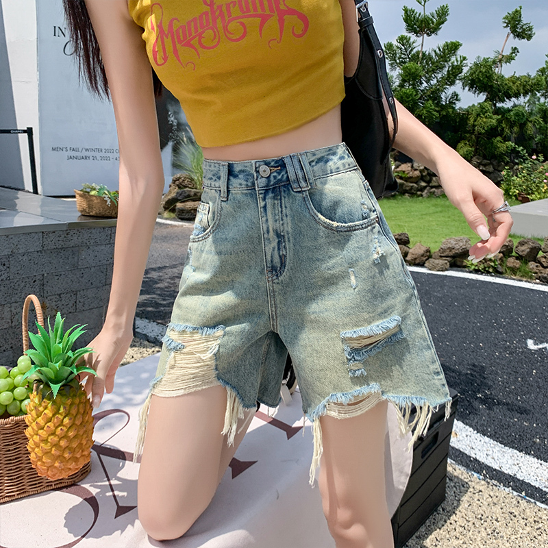 hole denim shorts for women in summer, thin cut, high waist, slimming effect. Broken hole, tassel, rough edge, loose wide leg, mid length pants, sweet