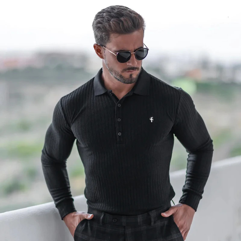 Father Sons Classic Black Ribbed POLO Shirt Long Sleeve Spring Sports Casual Loose Stretch TShirts Fitness Bottom 240716