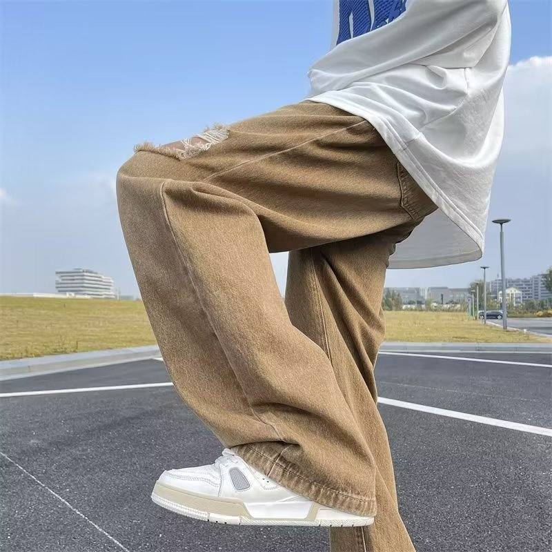 Perforated jeans, men's vibe style, ruffled and handsome straight leg pants, summer American high street ins pants trend