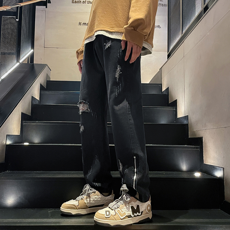 High Street Pant Hem Zipper Fit Slim Ragged Men's Denim Pants