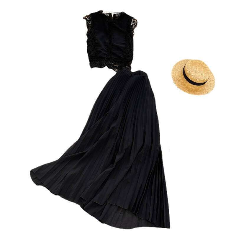 Seaside Vacation 2022 Summer Womens Lace Top, High Waist, Slim Look, Folded Chiffon Half Skirt, Two Piece Set Waist Sexy Oversize Dress Lace Dress