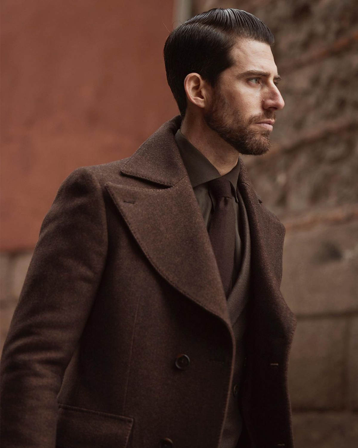 Formal Brown Men Suits Thick Wool Custom Made Double Breasted Tuxedos Peaked Lapel Blazer Back Vent Business High Quality Popular Cheap Price Long Coa