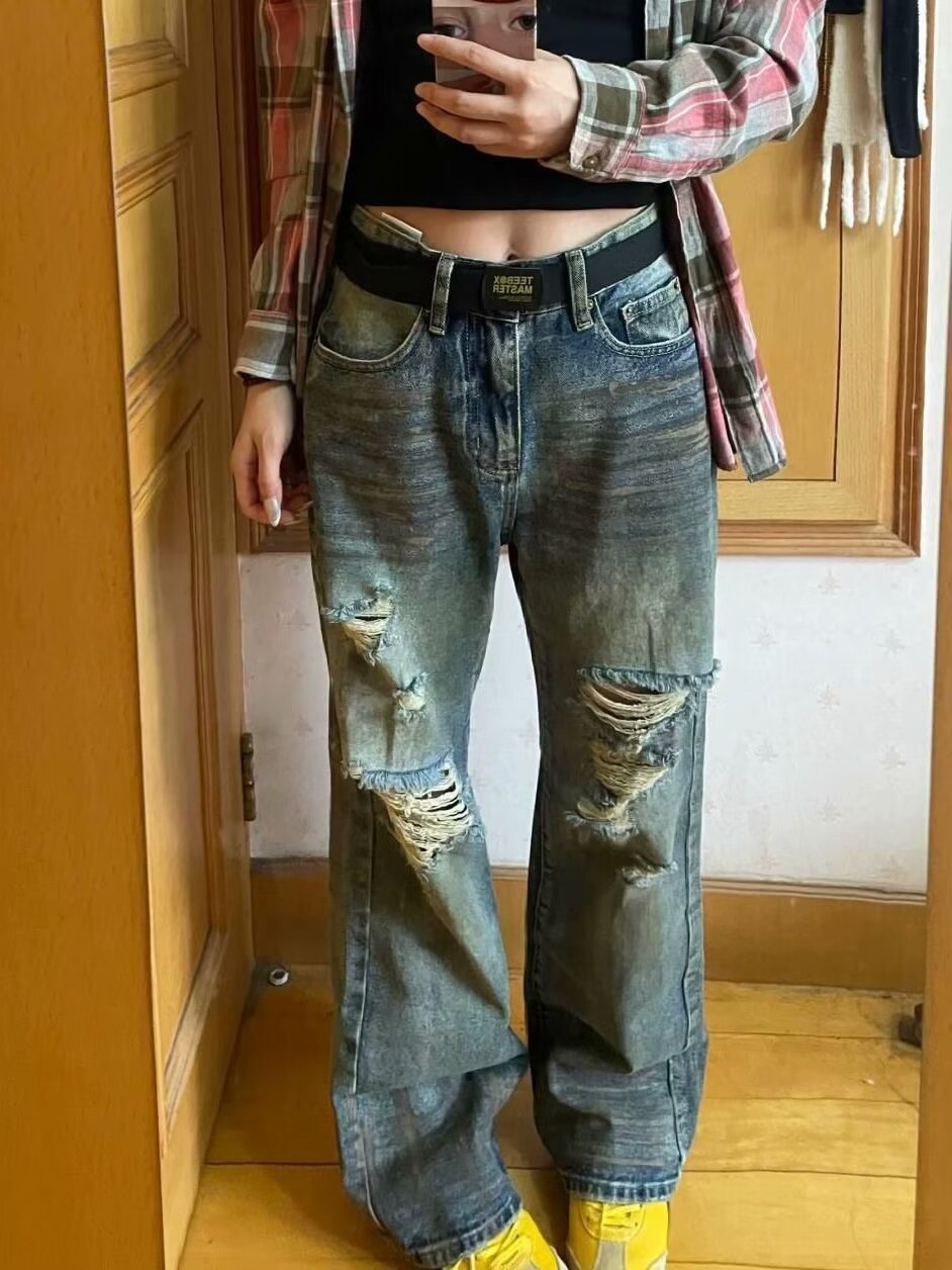 Men's clothing, American high ripped jeans, men's trendy brand, cool and trendy, explosive street straight leg loose pants, couple