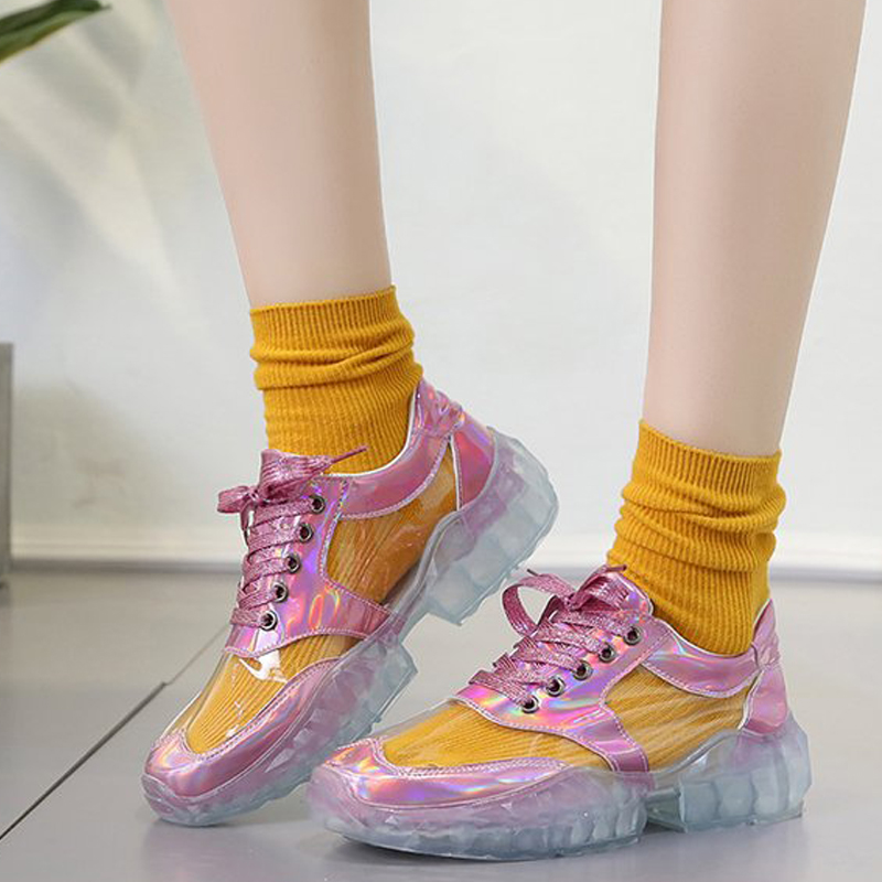 HBP Transparent Glitter Crystal Sole Flat Casual Shoes Cross Tied Women's Shoes Low Help Front Tie Color Blocking Ping He Round Head Sports Style
