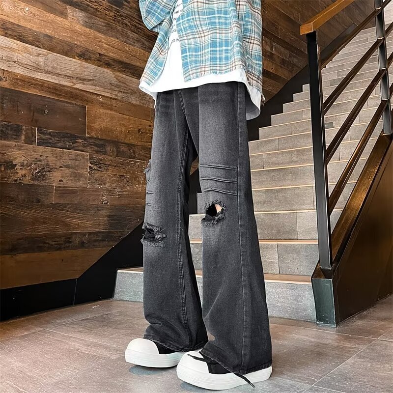 Vintage ripped jeans men's American high street straight trendy brand cool and versatile loose wide leg pants