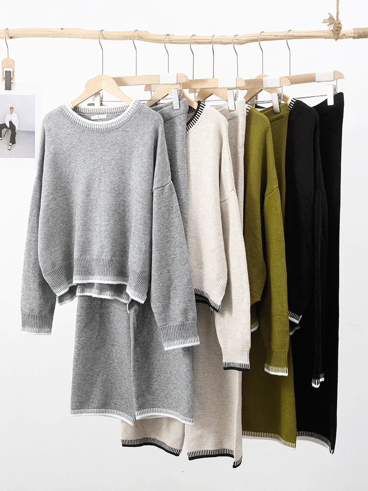 Knitted Long Women Pant Sets Oversized Patchwork Lady Sweater Pullover Suit Wide Leg Elastic Waist Elegant Female Top Set 240712