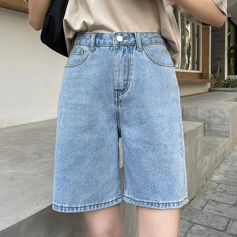 Women Denim 2024 Summer Vintage Streetwear Female High Waist Wide Leg Straight Short Pants Solid Color Ladies Jean Shorts