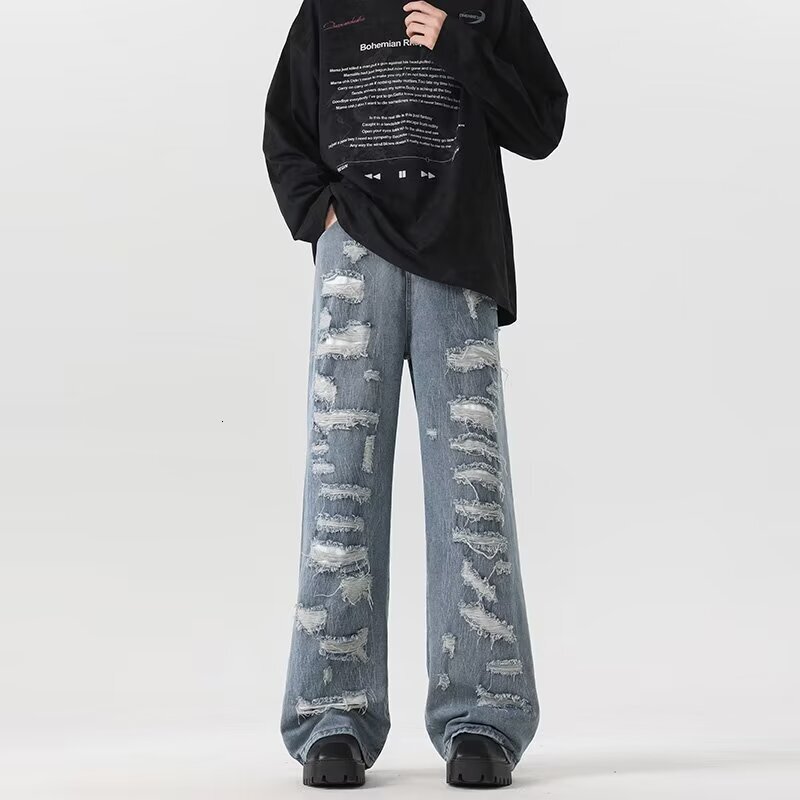 2024 American high street personalized ripped jeans, niche vintage design, long pants for men and women, spring trend
