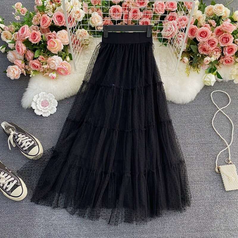 Summer New High Waisted Mid Large Hem Mesh Puffy Cake with Elastic Knee Length A-line Skirt for Women Long Summer Dress Loose Novelty Pregnant Womens 