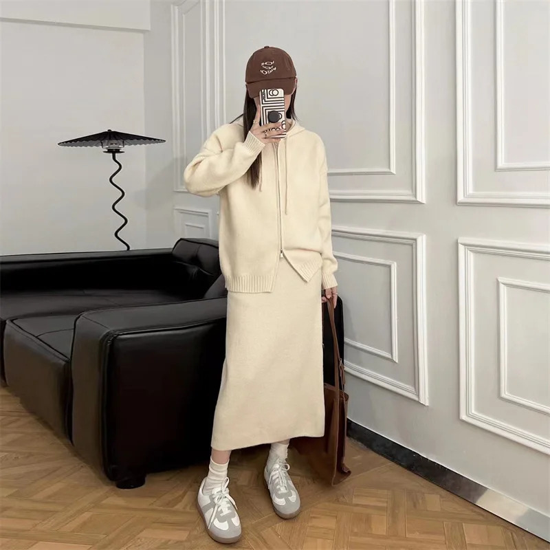 Korean Lazy Style Women Knitted Sweater Casual Set Autumn Winter Hooded Zipper Cardigan Tops Knitwear Long Skirt Two-piece Suit 240715