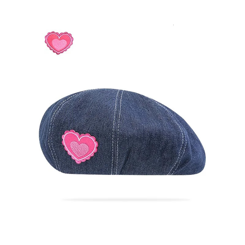 Women Girls Lovely Embroidery Pattern Denim Beret French Hat Casual Sun Hat with Adjustable Strap 240715