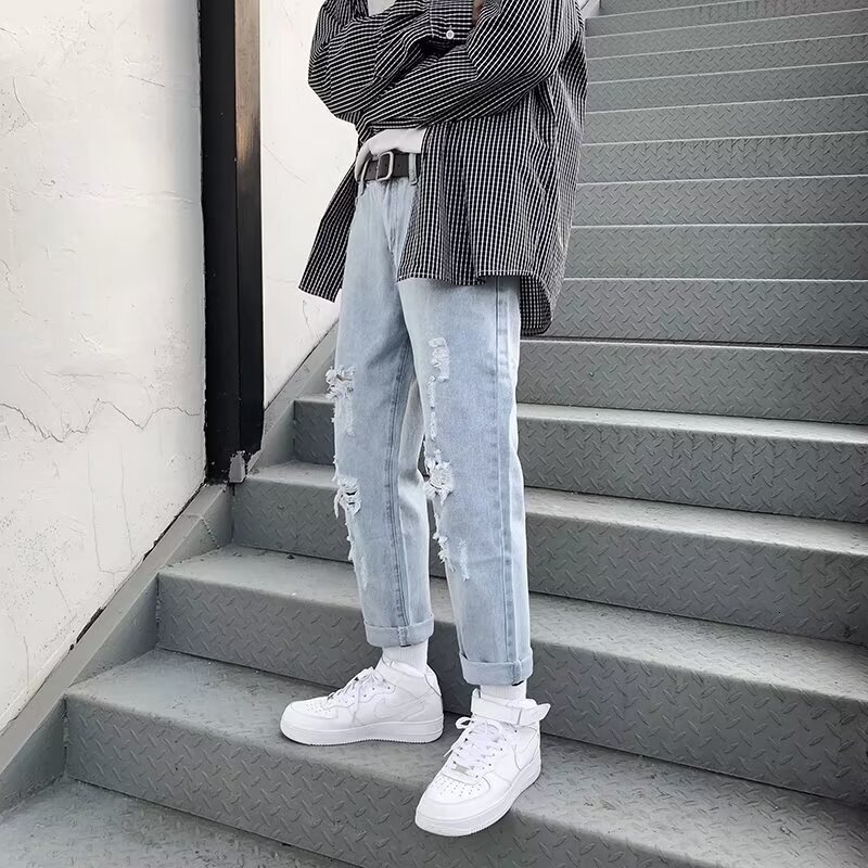 Ripped jeans men's spring trendy brand loose straight leg beggar American explosive street hooligan handsome pants