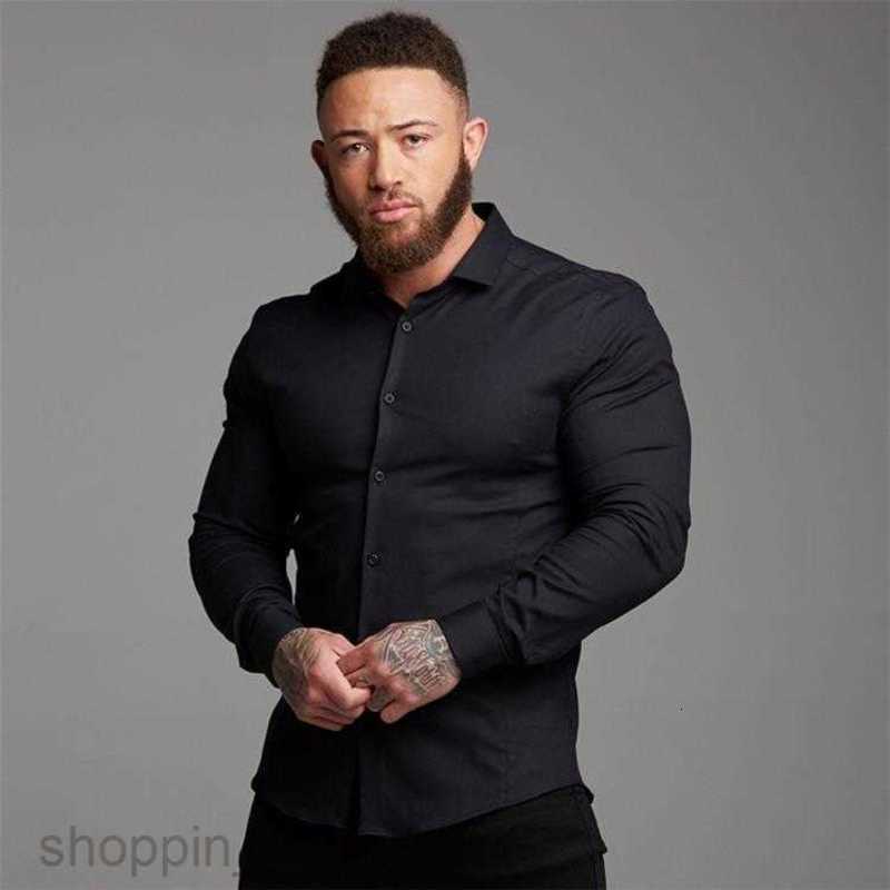 Mens Casual Shirts Muscle men's fitness long sleeved shirt new men's solid color slim fit cardigan thin style shirt tops