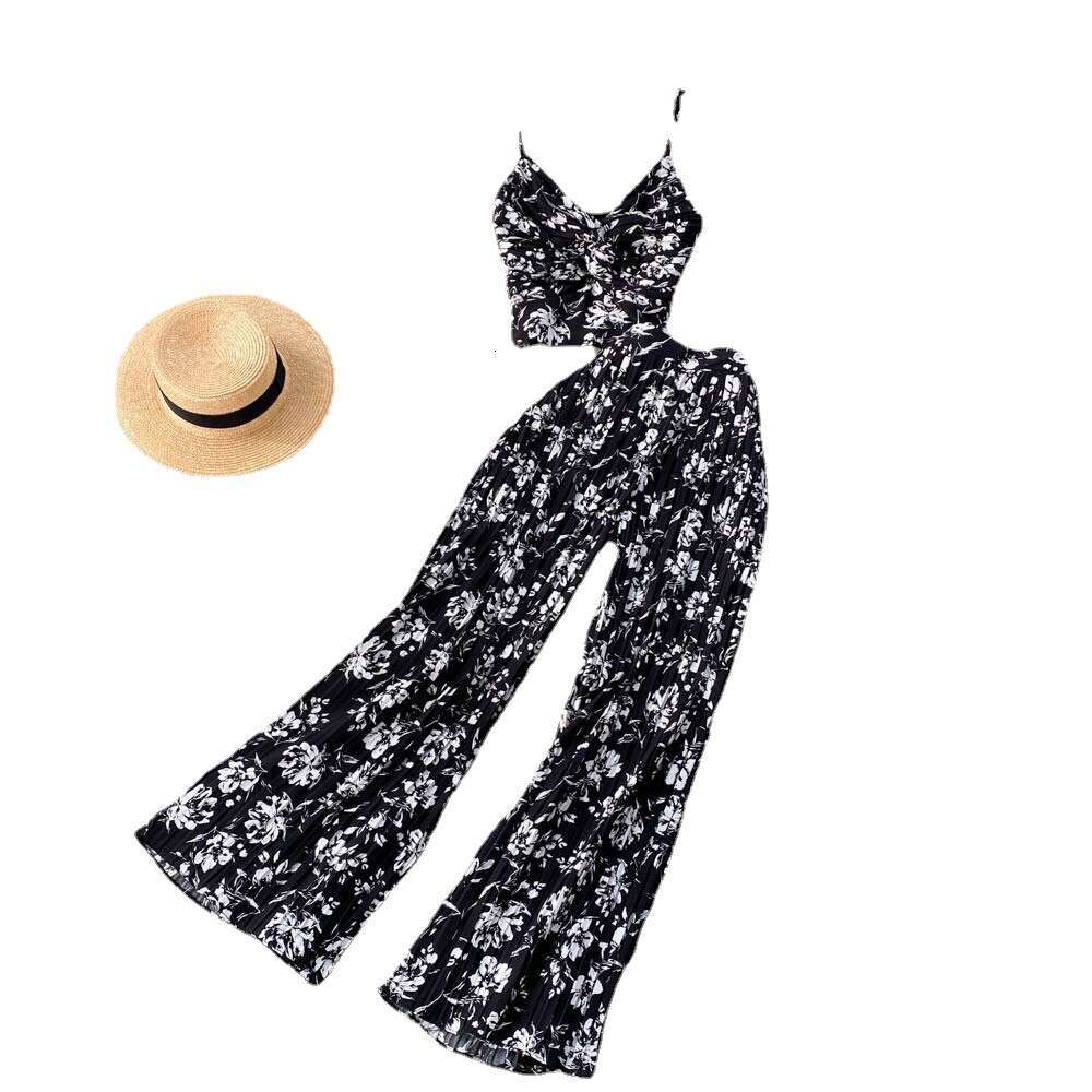 Seaside Vacation Temperament V-neck Strap Vest, Heavy-duty Pleated Micro Flared Wide Leg Pants, Versatile Two-piece Set Lace Dress Pregnant Womens Dre