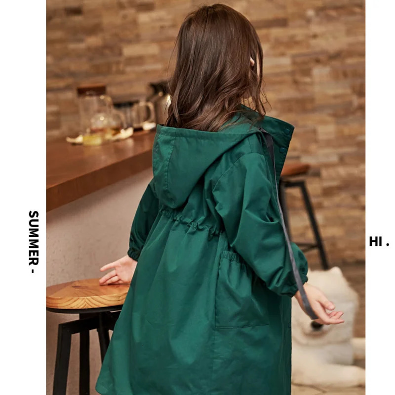 Kids Girls Trench Fashion Drawstring Hooded Jacket Tops Spring Autumn Children Clothes Teenager Girl Solid Color Coat 240710