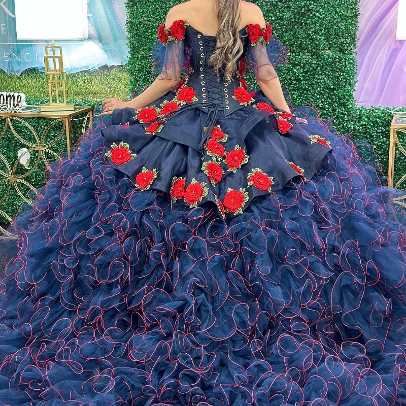 Navy Blue Womens Off the Shoulder Quinceanera Dress Applique Flower Tull Tiered Ball Gowns Sweep Train Vestido de 15 Anos Sweet