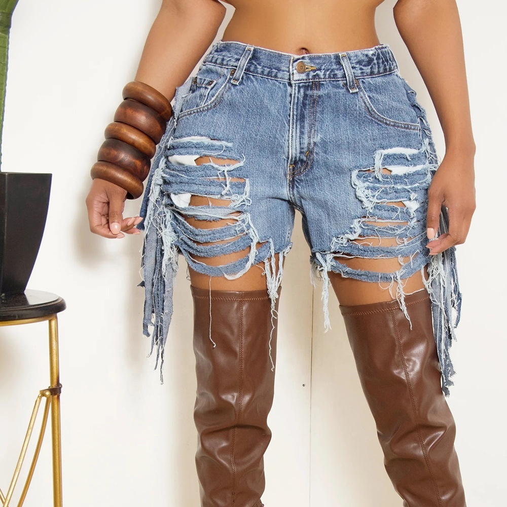 2023 Women's fashion high waist ripped jeans tassel denim shorts
