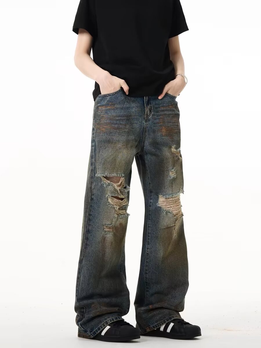 Teenage high American ripped jeans for men, hip-hop and cool, explosive street straight leg slightly flared loose pants