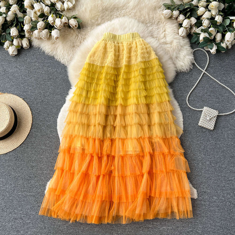 Gradient Irregular Mesh Womens Mid Length Cake Skirt, Fluffy High Waisted, Slimming A-line Fairy Skirt Waist Loose Short Bifurcated Pregnant Womens Dr