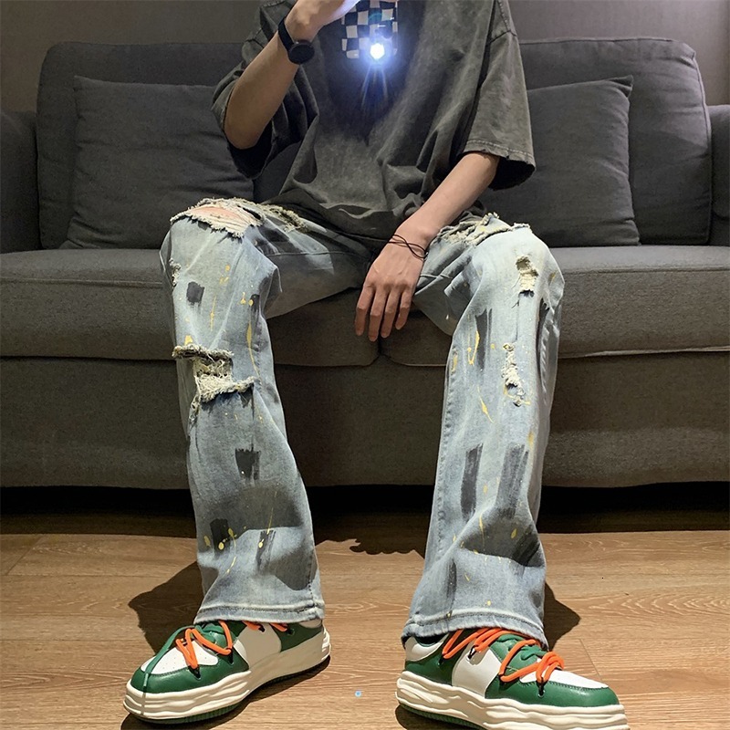Splashing ink graffiti jeans with ripped holes trendy ins high street niche design high-end straight leg pants
