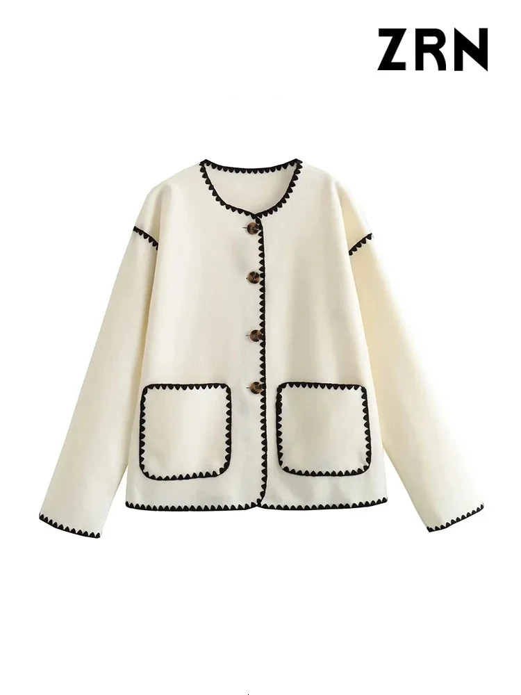 ZRN Women Fashion With Pockets Contrast Loose Woolen Jacket Coat Vintage Long Sleeve Buttonup Female Outerwear Chic Tops