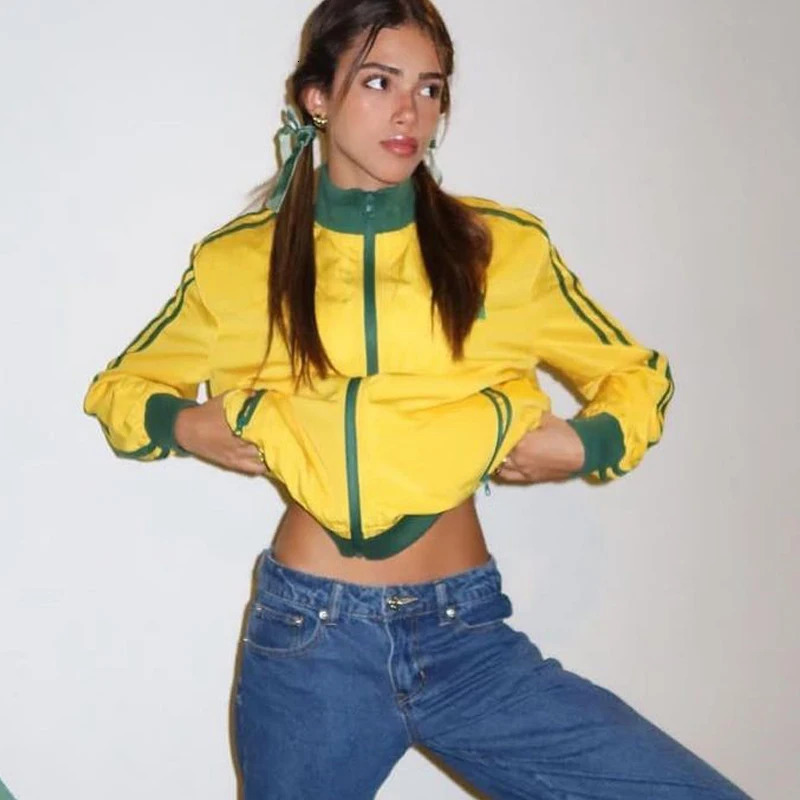 BRASIL Yellow Vintage Jackets Womens Oversized Harajuku Zipper Windbreaker Y2k Streetwear Loose Coats Autumn Trend Sweatshirts 240717