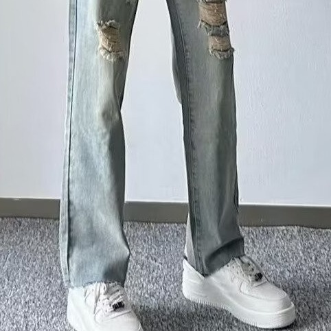 New high street washed distressed jeans with holes, men's trendy brand loose straight tube versatile American pants