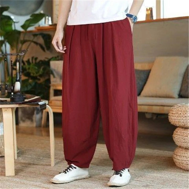 Men Clothes Summer Baggy Hippie Cotton Linen Harem Pants Y2K Male Streetwear Solid Wide Leg Trousers Retro Drawstring Pantalones 240717