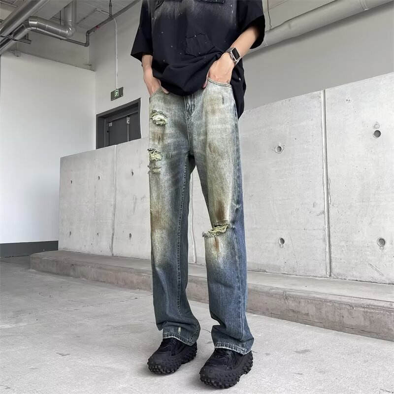 Jeans soft and loose straight wide leg American trendy brand workwear casual pants men's style
