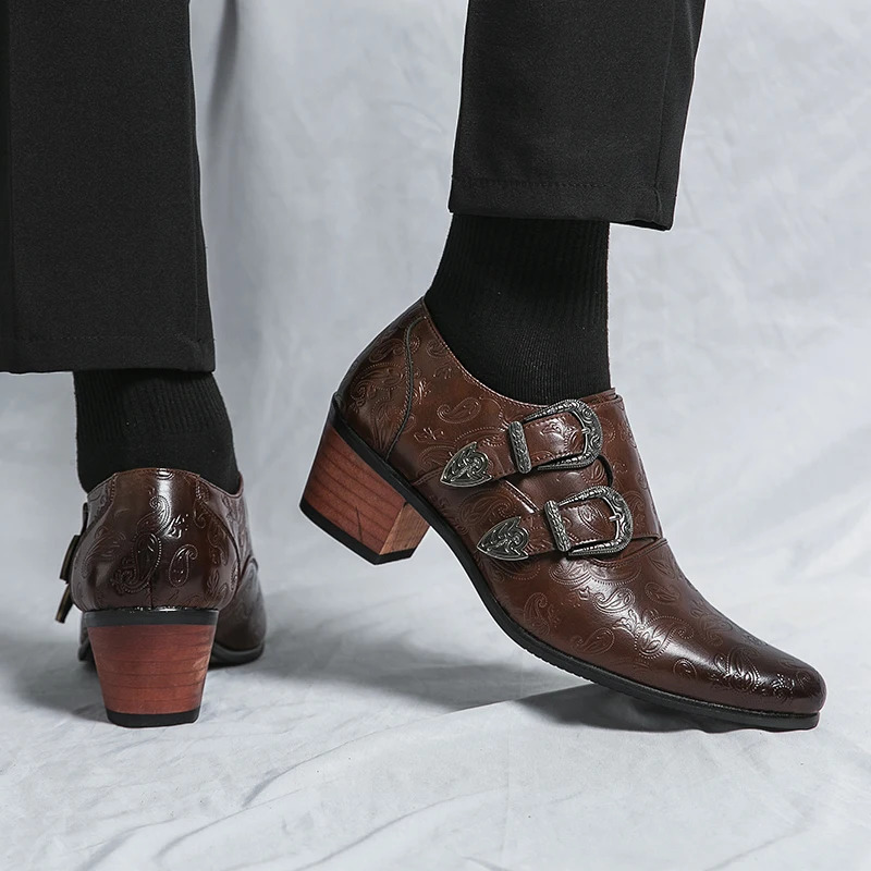 Classic Fashion Brown Pattern Mens Dress Shoes Big Size 45 Leather Pointed Shoes for Men Height-increasing High heel Shoes Men 240703