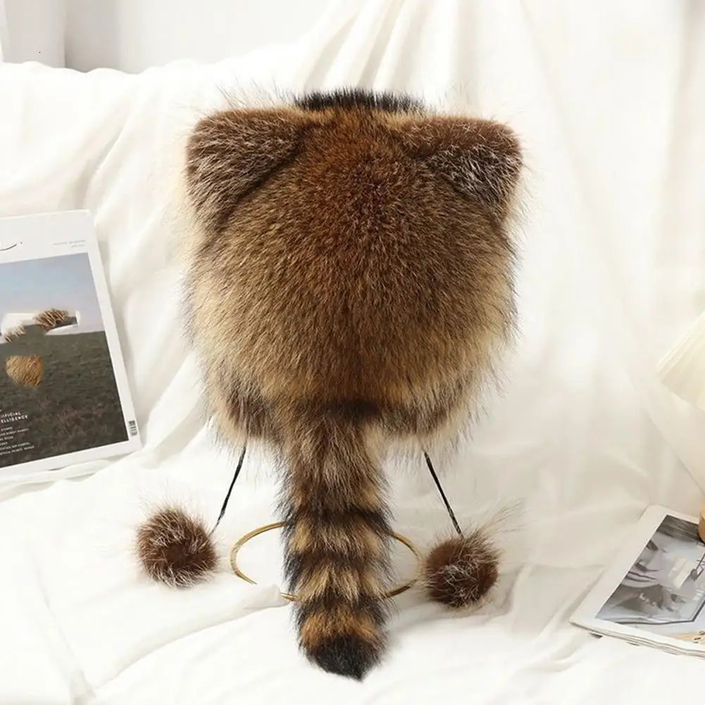 Faux Fur Little Raccoon Hat with Tail and Plush Ball Pendant Winter Warm Cute Soft Bomber for Kids Adults 240716