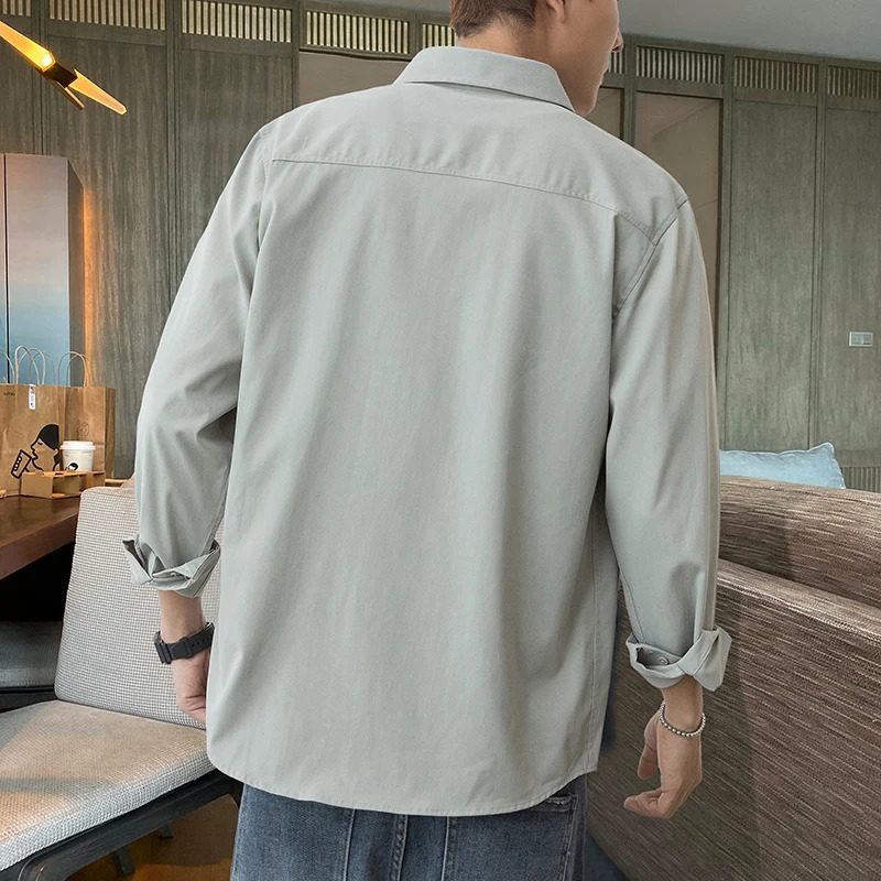 Long Four Season Shirt Mens Trend Grey Color Thin Teenager Top High Quality Soft Sleeve Male Top Big Size 4XL 240710