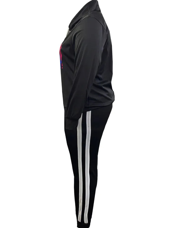 5XL LW Plus Size Autumn Winte Letter Print Regular Striped Long Sleeve Basic Sporty Fashionable Turtleneck Hooded Blue Pants Set 240709
