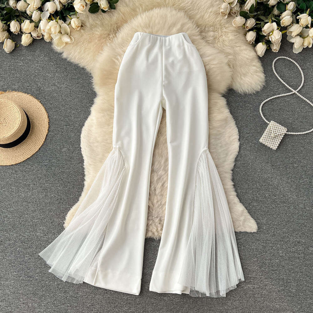 Trendy Brand Summer Women's Design Sense, Niche Mesh Patchwork Flared Fashionable Performance Clothing, Dance Pants, Trendy Overalls Jeans for Pr