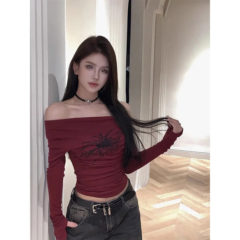 T Shirt Women Long Sleeve Off Shoulder Y2k Vintage Tops Streetwear Korean Style Crop Tops Autumn 240716