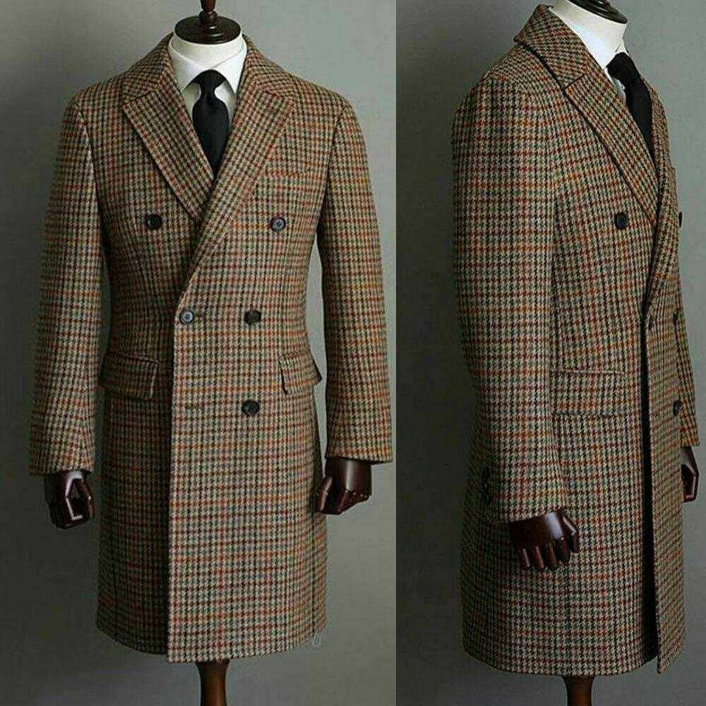 Casual Men Suits Thick Wool Custom Made Double Breasted Tuxedos Peaked Lapel Blazer Back Vent Business High Quality Popular Cheap Price Long Coat M101
