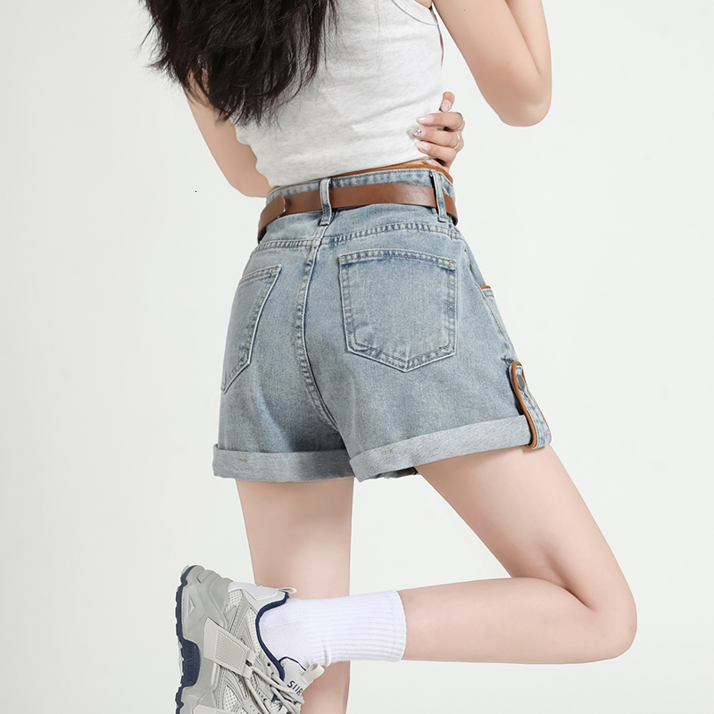 Paired with belt, wide leg denim shorts for women in summer, thin design, high waist, thick legs, slimming effect, flower buds covering the belly, sma