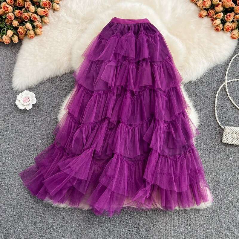 Fashionable Mesh Puffy Cake Medium Length Elastic and Elegant Irregular Gauze Fairy Skirt, Summer Temperament Self-cultivation Waist Lace Dress