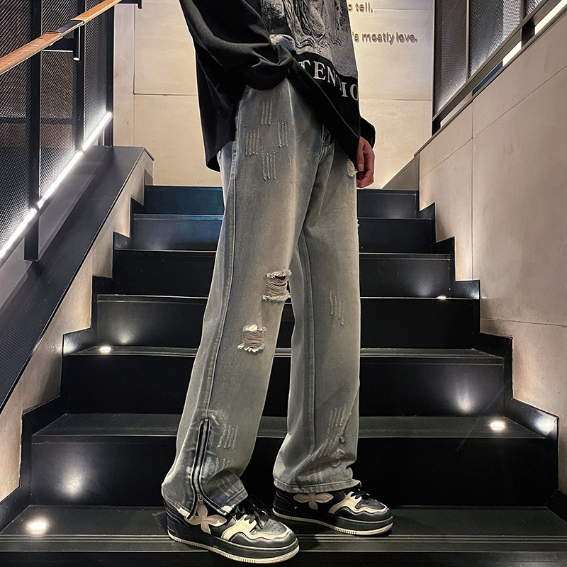 High Street Pant Hem Zipper Fit Slim Ragged Men's Denim Pants