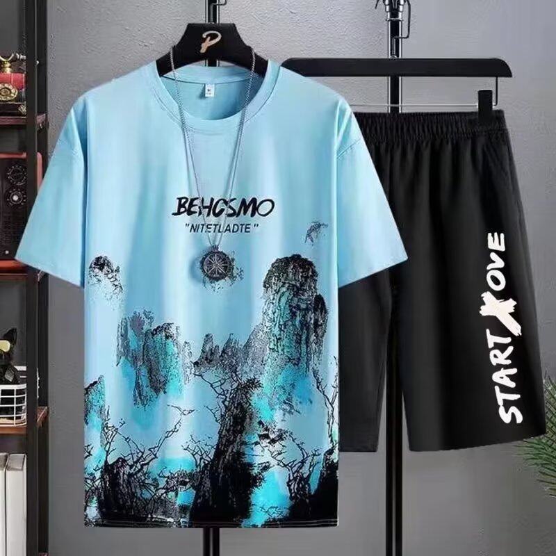 FNCXGE Men Sleeve T-shirt Shorts Two-piece Fashion Loose Plus Size Casual Sports Short Pants Suit M-5XL