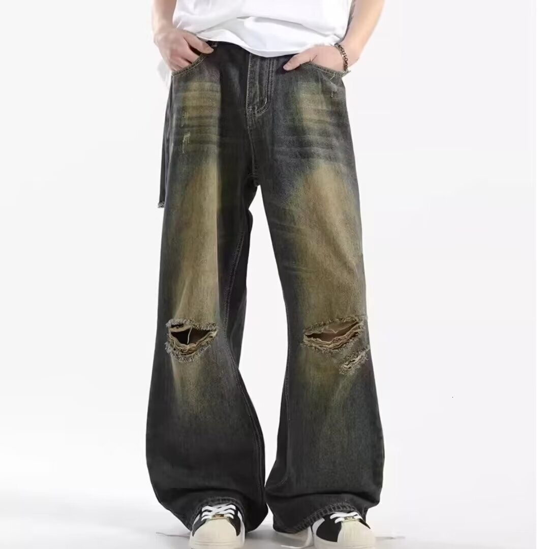 American distressed design floor length jeans, niche high street loose versatile wide leg pants, cool and trendy dance style